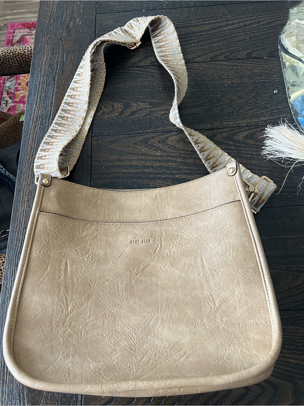 NIC+ZOE Taupe Faux-Leather Shoulder Bag with Patterned Strap